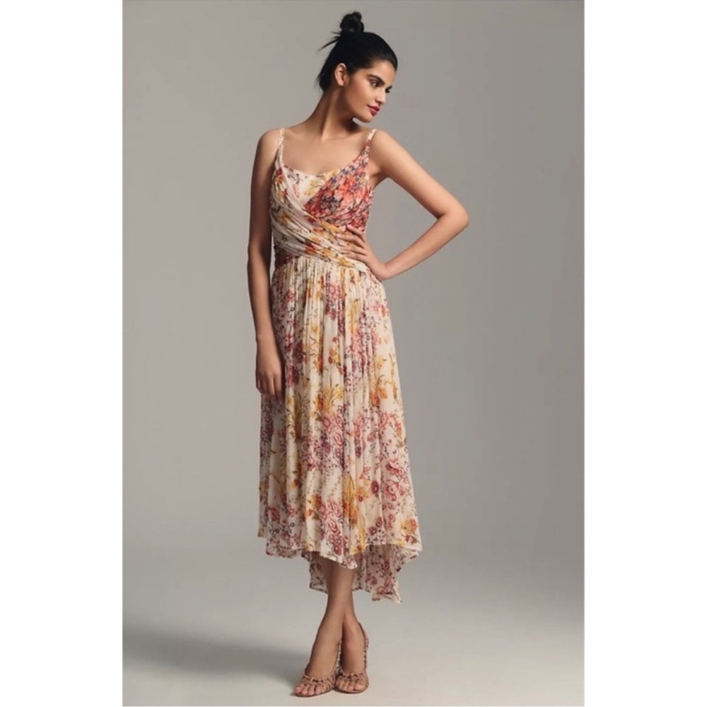 Anthropologie Ruched Square Neck Boho Floral Midi Dress Sleeveless